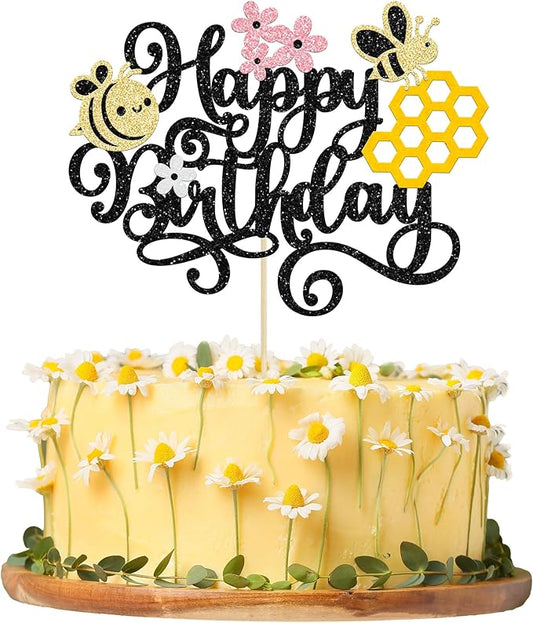 1 Pack Happy Bee Day Cake Topper Bumble Bee Happy Birthday Cake Decoration for Bee Theme Baby Shower Kids Boys Girls Birthday Party Cake Decorations Supplies Black