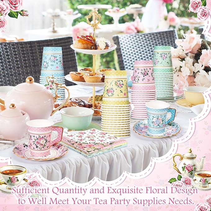 180 Pcs Floral Paper Tea Cups and Plates 9 OZ Disposable Paper TeaCups and Saucers with Tea Party Napkins Set for Tea Party Decoration Birthday Wedding Bridal Shower Party Supplies