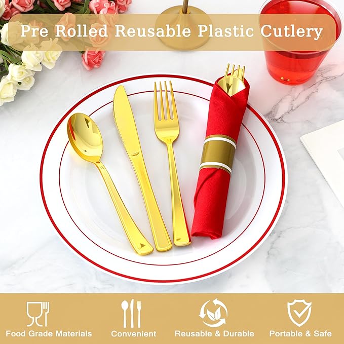 50 Pack Pre Rolled Gold Plastic Silverware Set,Wrapped Plastic Cutlery Set with Napkin Include 50 Forks,50 Spoons,50 Knives and 50 Red Napkins for Party,Wedding,Christmas
