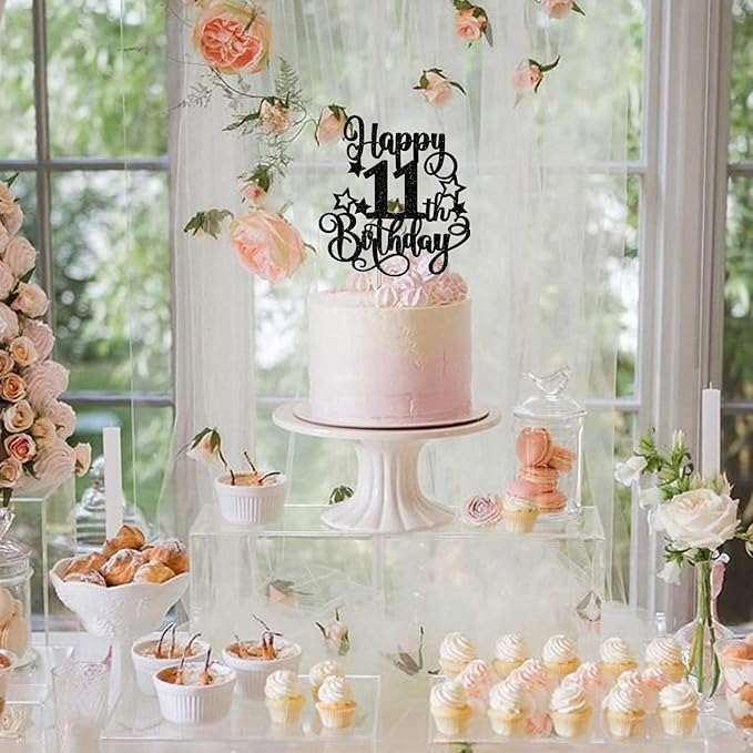 1 PCS Happy 11th Birthday Cake Topper Glitter Cheers to 11 Years Birthday Cake Pick Hello 11 Fabulous Cake Decoration for Happy 11th Birthday Anniversary Party Decorations Supplies Black