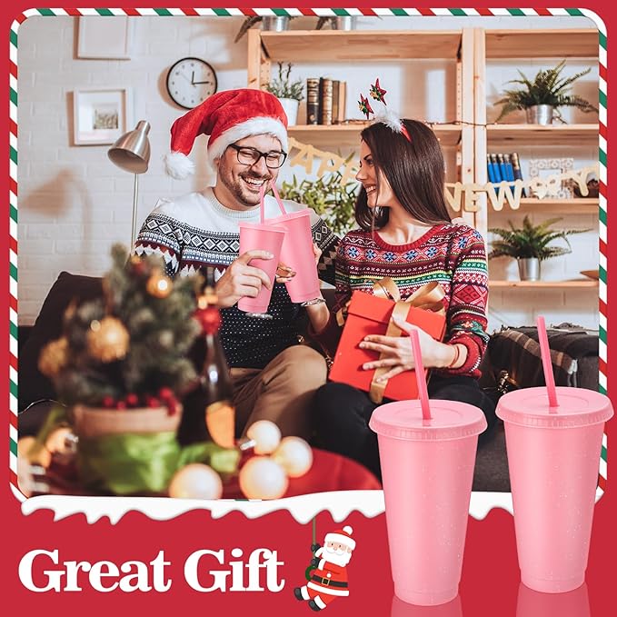 Honeydak 60 Pack Tumbler with Straw and Lid Bulk Cups for Gifts Glitter Plastic Coffee Cups 24-27 oz Reusable Water Bottle Iced Coffee Travel Mug Party Favors for Birthdays Travel (Light Pink)