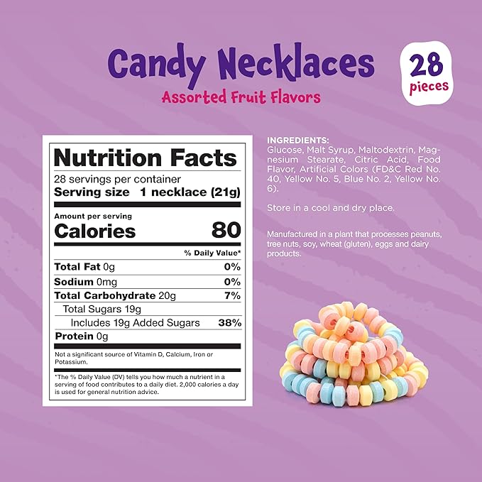 Funtasty Candy Necklaces - 21 Ounce Bag (28 Count) - Party Favors - Fruit Flavors - Individually Wrapped Candies Bulk - Candy Jewelry for Goody Bags