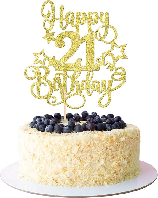 1 PCS Happy 21st Birthday Cake Topper Glitter Cheers to 21 Years Birthday Cake Pick Hello 21 Fabulous Cake Decoration for Happy 21st Birthday Anniversary Party Decorations Supplies Gold