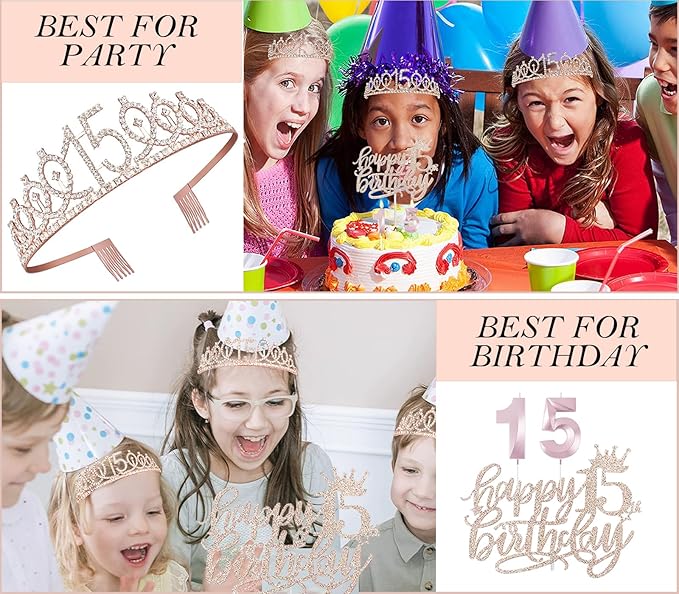 15th Birthday Decorations for Girls, 15th Birthday Sash and Crown, Cake Topper, Number Candles and Balloons, 15 Year Old Gifts for Girls