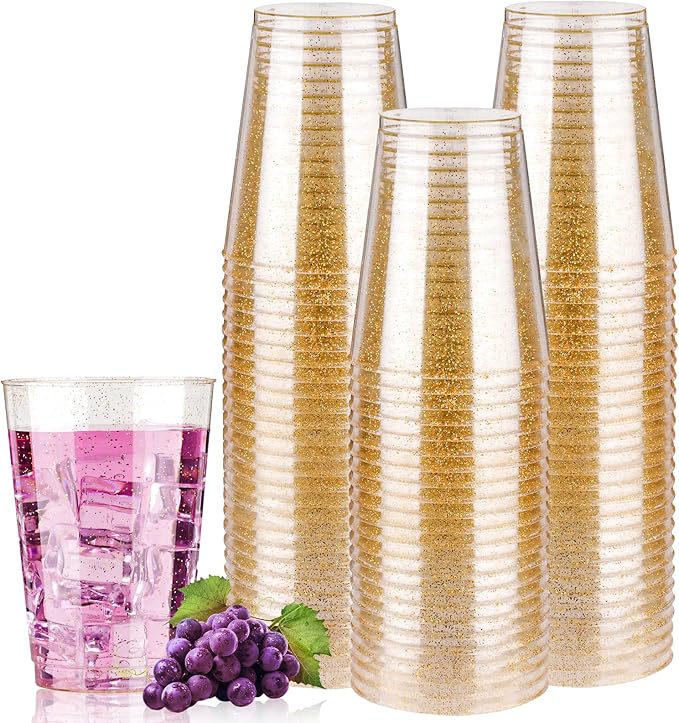 Goodluck 12 oz 50 PCS Gold Glitter Plastic Cups, Disposable Glitter Cups, Elegant Plastic Cocktail Glasses, Fancy Party Cups for Wedding, Birthday, Holiday