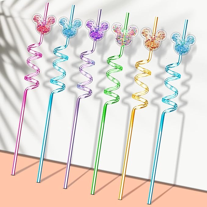 24Pcs Glitter Mouse Straws for Kids Birthday Party Favors Supplies Decorations Crazy Reusable Drinking Straws for Theme Birthday Oh Twodles Party