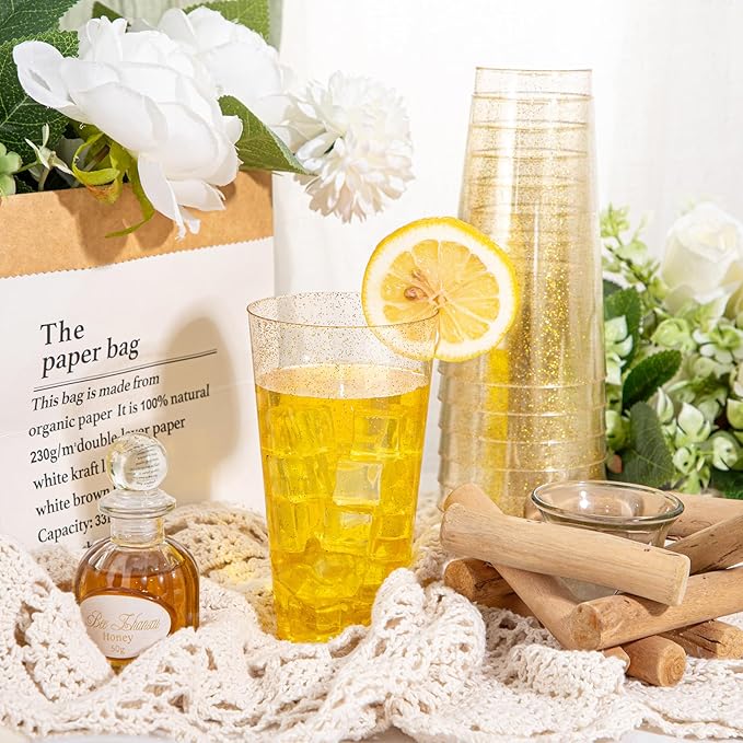 I00000 16 oz Gold Plastic Cups, 50 Pack Gold Glitter Plastic Cups Tumblers Disposable Party Cup Wedding Cup, Heavy-duty Plastic Disposable Glasses Ideal for Halloween,Thanksgiving and Christmas