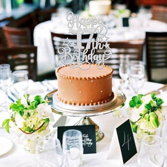 1 PCS Happy 17th Birthday Cake Topper Glitter Cheers to 17 Years Birthday Cake Pick Hello 17 Fabulous Cake Decoration for Happy 17th Birthday Anniversary Party Decorations Supplies silver