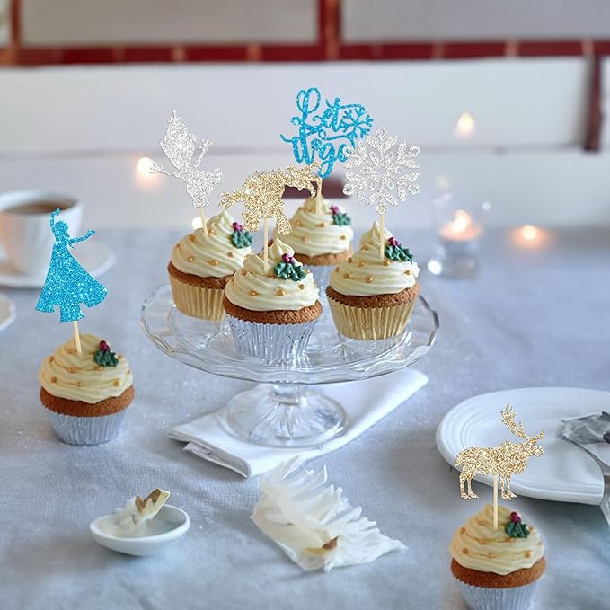 24Pcs Snowflake Cupcake Toppers Glitter Winter Frozen Theme Snowflake Deer Princess Cupcake Pick Decorations for Winter Wonderland Baby Shower Birthday Xmas Party Supplies