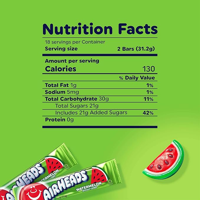 Airheads Full-Size Candy Bars, Taffy Candy Bulk Pack, Individually Wrapped, Watermelon Fruit Flavor Artificially Flavored, 36 Count Box