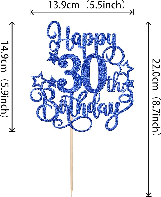 1 PCS Happy 30th Birthday Cake Topper Glitter Cheers to 30 Years Birthday Cake Pick Hello 30 Fabulous Cake Decoration for Happy 30th Birthday Anniversary Party Decorations Supplies Blue