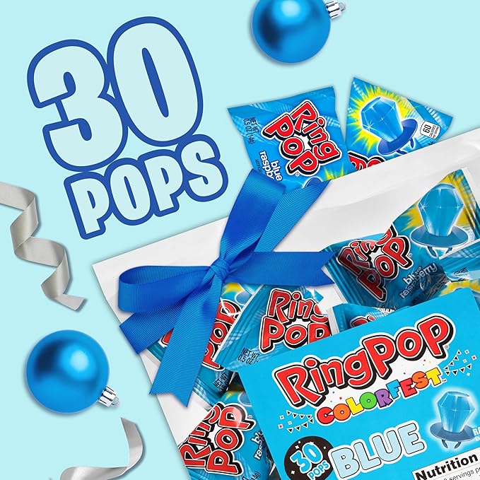 Ring Pop Individually Wrapped Blue Christmas Candy, 30 Ct Bulk Lollipop Pack, Raspberry Flavored Lollipop Suckers for Kids, Fun Candy Bulk for Stocking Stuffers, Christmas Gifts, Party Favors