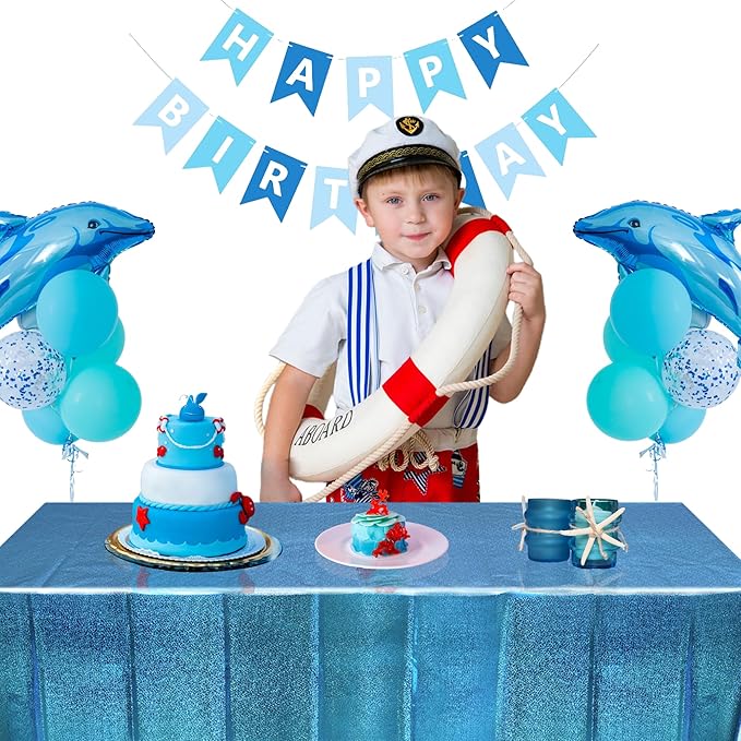 BRAVESHINE Birthdays Party Tablecloth Disposable Table Covers - Blue Plastic Rectangle Table Cloth for Boy/Girl Princess/Mermaid/Ocean/Undersea Theme Decorations - 2 Set 108" x 54"