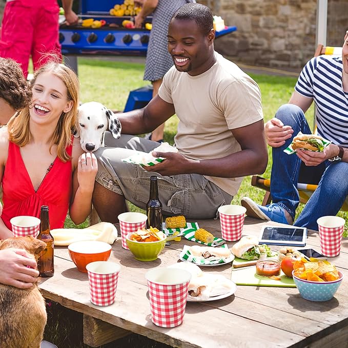 50 Pcs 8 oz Gingham Paper Cups, Disposable Gingham Cups, Checkered Cup for Hot Cold Beverage Birthday Party Supplies Decor (Red)