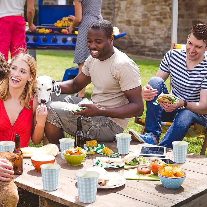 50 Pieces 8 oz Gingham Paper Cups, Disposable Gingham Cups, Checkered Cup for Hot Cold Beverage Birthday Party Supplies Decorations (Blue)