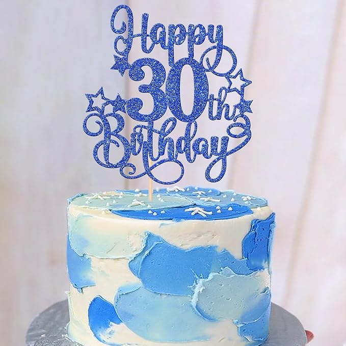 1 PCS Happy 30th Birthday Cake Topper Glitter Cheers to 30 Years Birthday Cake Pick Hello 30 Fabulous Cake Decoration for Happy 30th Birthday Anniversary Party Decorations Supplies Blue