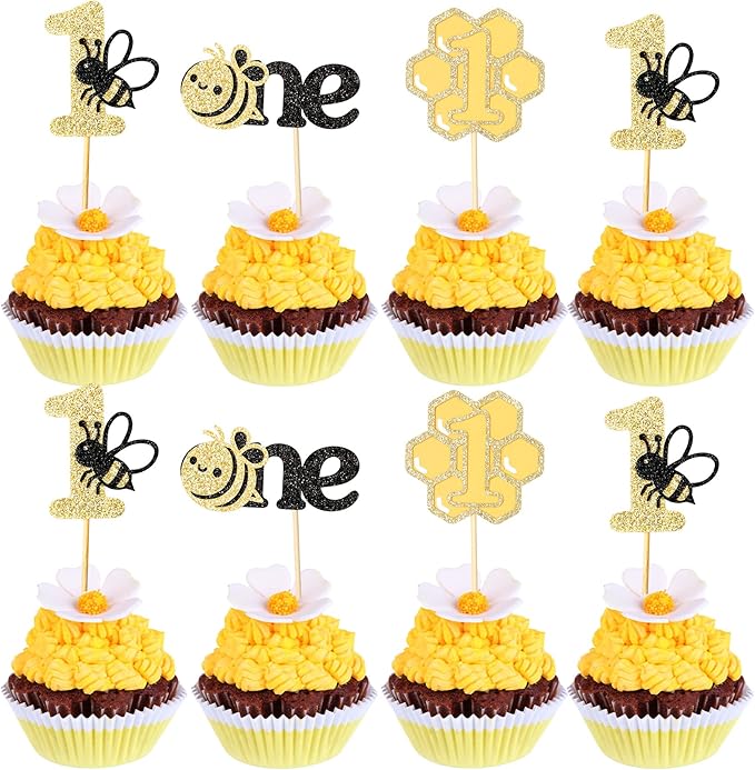 24Pcs Bumble Bee First Birthday Cupcake Toppers Gold Glitter Bee One Cupcake Picks First Birthday Cake Decorations for Baby Shower Kids 1st Birthday Party Supplies