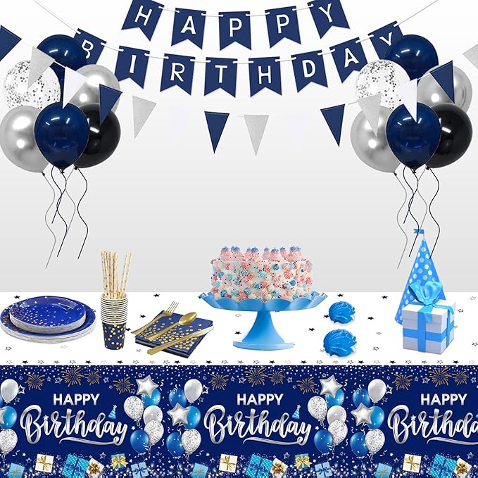 DUAIAI Happy Birthday Decorations, 1 Pcs Navy Blue and Silver Birthday Tablecloth for Boys Girls Men Women, Plastic Disposable Rectangle Table Cover for Birthday Party Supplies- 54" x 108"