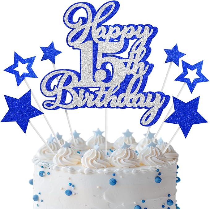 Happy 15th Birthday Cake Topper 15 Teenager Birthday Cake Decorations, Happy 15th Birthday Anniversary Party Cake Decorations for Boy Girl, Blue Silver Glitter