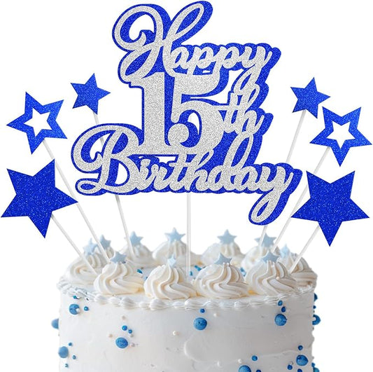 Happy 15th Birthday Cake Topper 15 Teenager Birthday Cake Decorations, Happy 15th Birthday Anniversary Party Cake Decorations for Boy Girl, Blue Silver Glitter