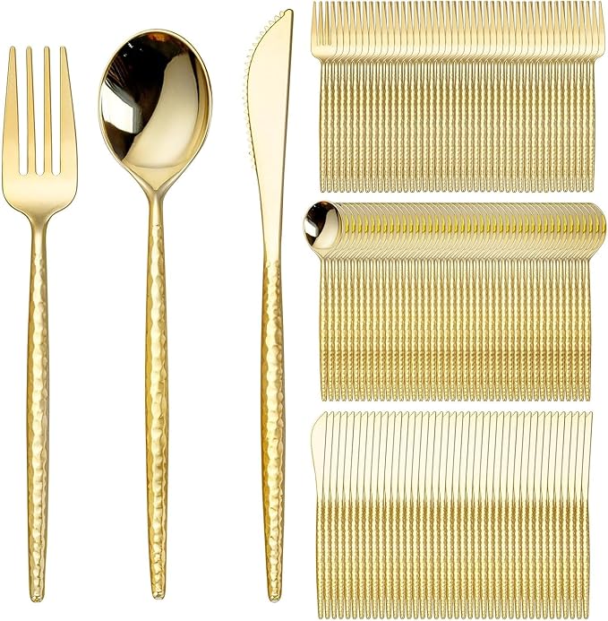 SUT 300PCS Gold Plastic Silverware, Gold Plastic Utensils, Heavy Duty plastic Silverware, Includes:100 Knives, Forks and Spoons, Birthday, Wedding, Hammered silverware Set