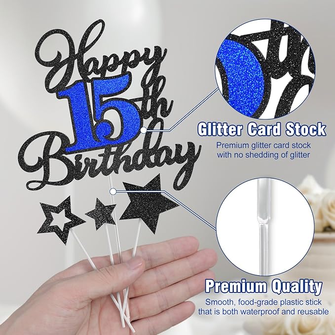 Happy 15th Birthday Cake Toppers, Black Blue Glitter Cake Decorations Set, 15th Birthday Decor, Birthday Anniversary Party Decorations Supplies