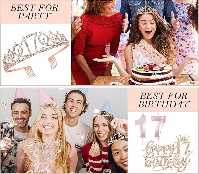 17th Birthday Decorations for Girls, 17th Birthday Sash and Crown, Cake Topper, Number Candles and Balloons, 17 Year Old Gifts for Girls