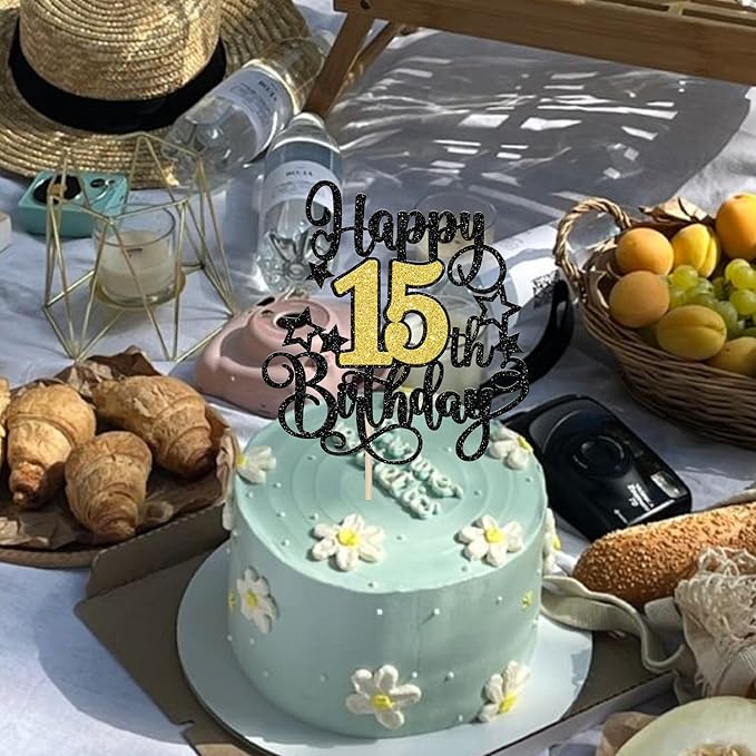 1 PCS Happy 15th Birthday Cake Topper Black Gold Glitter Cheers to 15 Years Birthday Cake Pick Hello 15 Fabulous Cake Decoration for Happy 15th Birthday Anniversary Party Decorations Supplies