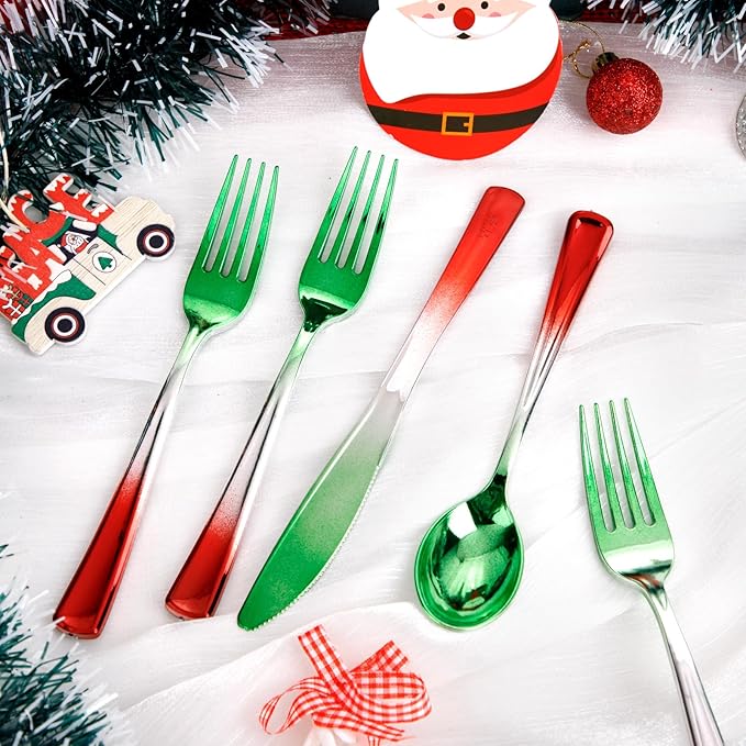 LIYH 120 Pcs Christmas Plastic Silverware - Green and Red Plastic Silverware for Xmas, Gold Cutlery Disposable for Christmas Day Holiday, Gathering