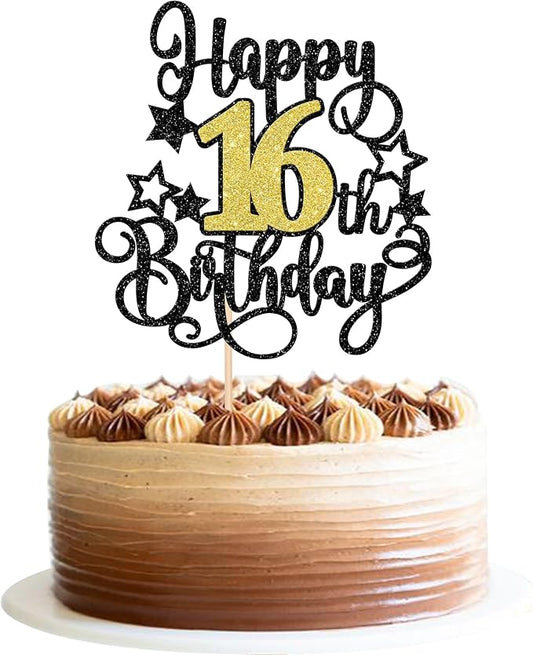 1 PCS Happy 16th Birthday Cake Topper Black Gold Glitter Cheers to 16 Years Birthday Cake Pick Hello 16 Fabulous Cake Decoration for Happy 16th Birthday Anniversary Party Decorations Supplies