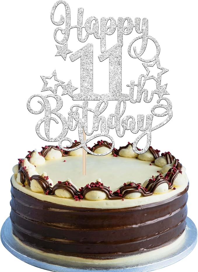 1 PCS Happy 11th Birthday Cake Topper Glitter Cheers to 11 Years Birthday Cake Pick Hello 11 Fabulous Cake Decoration for Happy 11th Birthday Anniversary Party Decorations Supplies silver