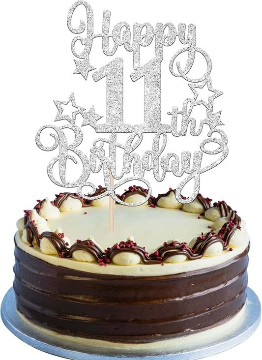 1 PCS Happy 11th Birthday Cake Topper Glitter Cheers to 11 Years Birthday Cake Pick Hello 11 Fabulous Cake Decoration for Happy 11th Birthday Anniversary Party Decorations Supplies silver