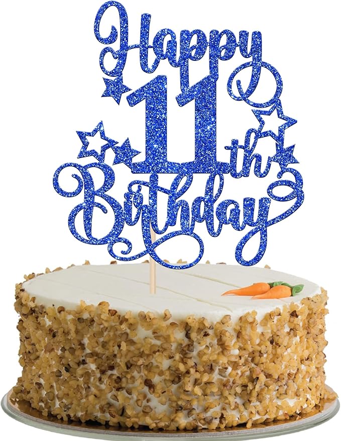 1 PCS Happy 11th Birthday Cake Topper Glitter Cheers to 11 Years Birthday Cake Pick Hello 11 Fabulous Cake Decoration for Happy 11th Birthday Anniversary Party Decorations Supplies Blue