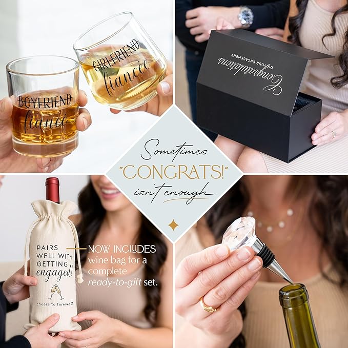 Engagement Gifts for Couples – Mr & Mrs Gift Set for Him & Her – Whiskey and Wine Glasses with Diamond Wine Stopper, Wine Bag – Newly Engaged Present for Fiance
