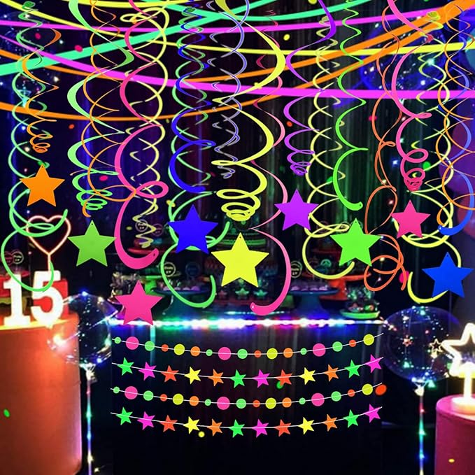 56 Pieces UV Hanging Swirls Decorations Paper Neon Streamer for Ceiling Star Neon Garlands Black Light Neon Decorations for Dark Glow Party Supplies and Decorations Birthday Neon Party Favors