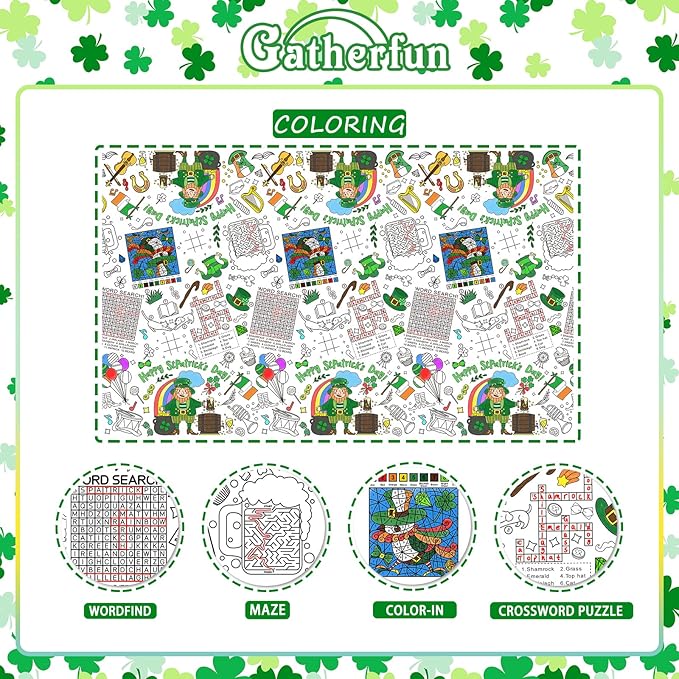Gatherfun St. Patrick's Day Party Supplies Color-in Disposable Paper Tablecloth | 54x88 in St. Patrick's Day Party Decorations Set for Kids Birthday, School & Special Events