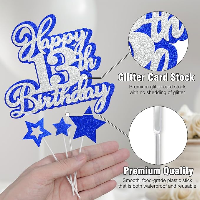Happy 13th Birthday Cake Topper 13 Teenager Birthday Cake Decorations, Happy 13th Birthday Anniversary Party Cake Decorations for Boy Girl, Blue Silver Glitter