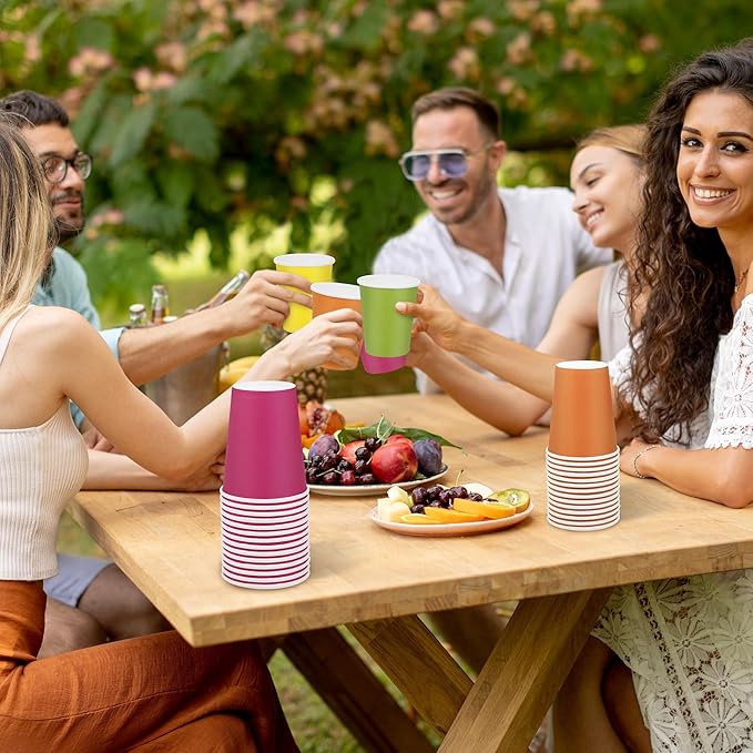 URATOT 60 Pieces 9 Ounce Disposable Paper Cups Neon Color Party Cups Drinking Cups for Party, DIY, and Holiday, 4 Colors
