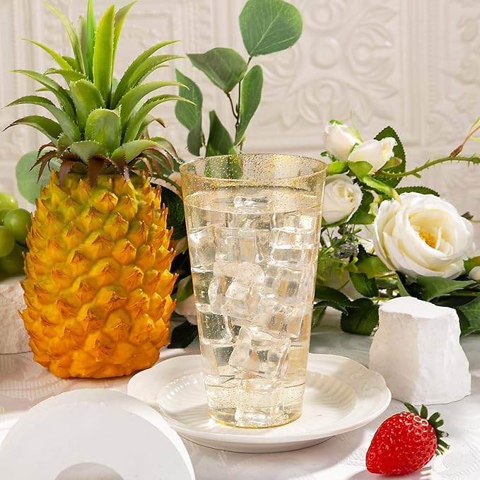 I00000 16 oz Gold Plastic Cups, 100 Pack Gold Glitter Plastic Cups Tumblers Disposable Party Cups Wedding Cups, Heavy-duty Plastic Disposable Cups Ideal for Halloween,Thanksgiving & Christmas Parties