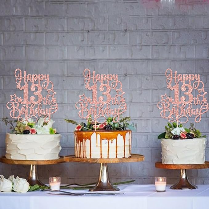 1 PCS Happy 13th Birthday Cake Topper Glitter Cheers to 13 Years Birthday Cake Pick Hello 13 Fabulous Cake Decoration for Happy 13th Birthday Anniversary Party Decorations Supplies Rose Gold