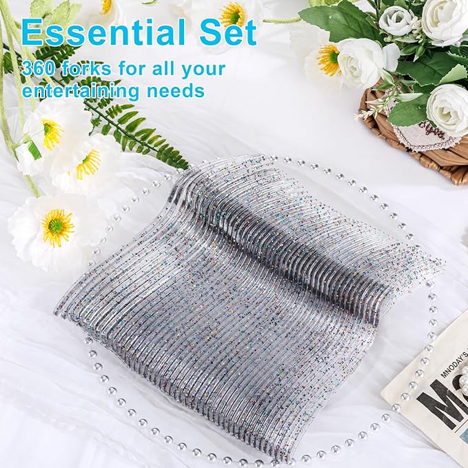 Supernal 360pcs Glitter Disposable Plastic Forks,Plastic Silverware Heavy Duty,Clear Plastic Forks,Glitter Disposable Cutlery for Birthdays, Parties, Bridal Shower and Weddings