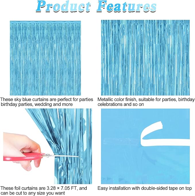 2 Pack Backdrop Curtains, 3.28 Feet x 7.05 Feet Sky Blue Tinsel Backdrop, Metallic Fringe Curtains Foil Tinsel Party Streamer, Winter Backdrop Happy Birthday Party Supplies