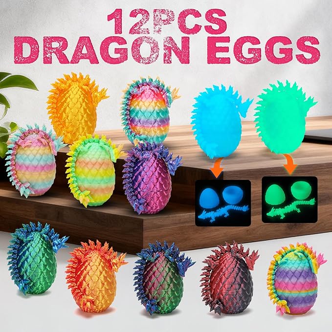 12PCS 3D Printed Dragon Eggs with Dragon Inside, Small Stocking Stuffers for Kids, 3D Printed Animals Dinosaur Eggs Fidget Toys for Teens, Fun Christmas Decorations Gifts for Girls Boys Party Favors