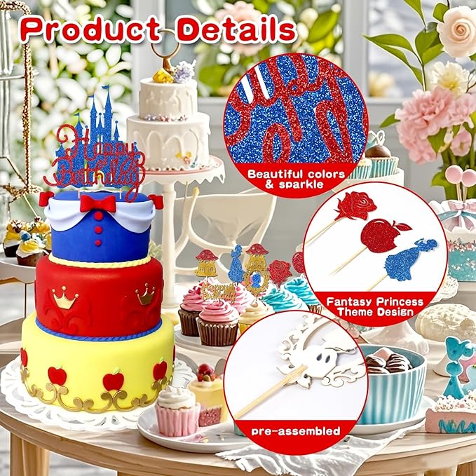 26Pcs Glitter Princess Cake Topper Set with Royal Blue Castle Happy Birthday Cake Toppers Red Rose Apple Cupcake Toppers for Princess Winter Wonderland Forest Baby Shower Party Decor
