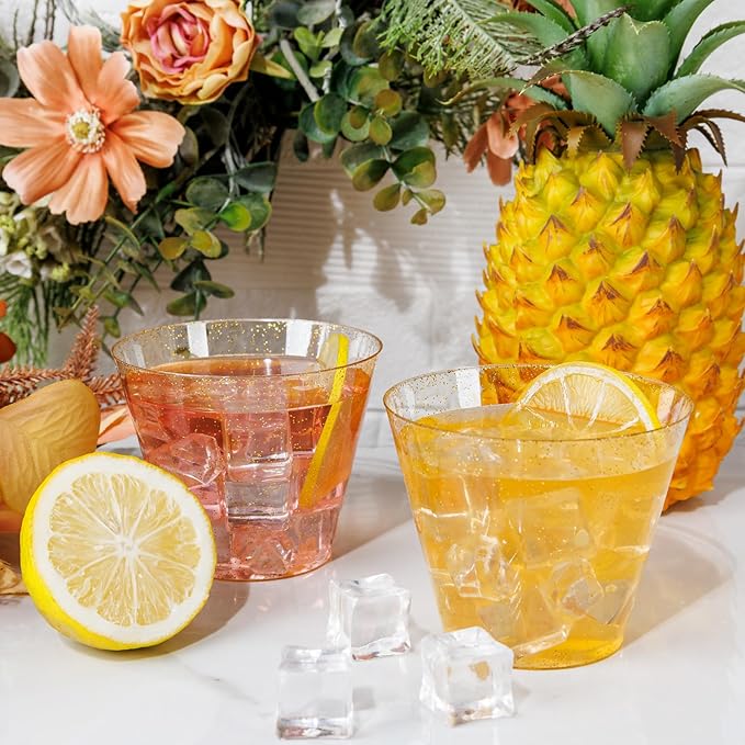 I00000 100pcs Gold Plastic Cups - 9 OZ Hard Gold Glitter Disposable Cups for Cocktail And Drinking - Premium Disposable Plastic Cups with Gold Glitter for Fancy Wedding & Elegant Party Cups