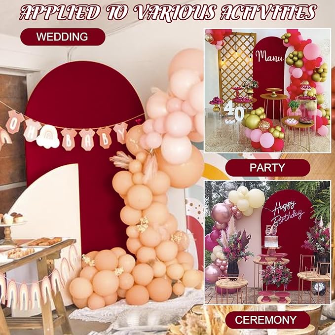 Metal Arch Stand and Cover Set,1 Burgundy Spandex Fitted Backdrop with 1 Gold Wedding Arched Stand Frame for Parties Birthday Baby Shower Bridal Banquet Decoration (7.2FT)