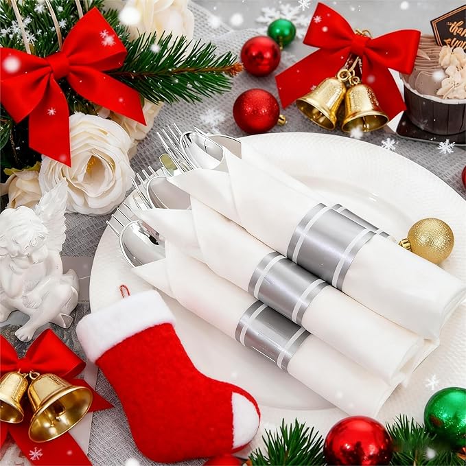 Liacere 100 Pack Silver Plastic Silverware-Pre Wrapped cutlery and Napkin-Pre Rolled Silverware Disposable 100 Forks, 100 Knives 100 Spoons, 100 Napkins Plastic Utensils＆Christmas＆New Year