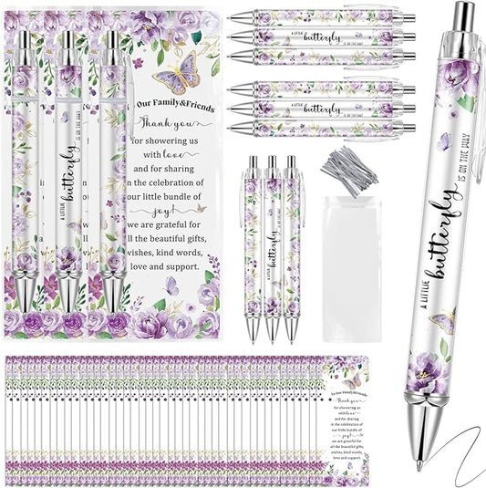 50 Sets Purple Butterfly Theme Baby Shower Favors for Guest, Gender Reveal Party pens, Baby Shower Pens with 50 Rolling Paper Ballpoint Pens and 50 Greeting Cards (Purple)