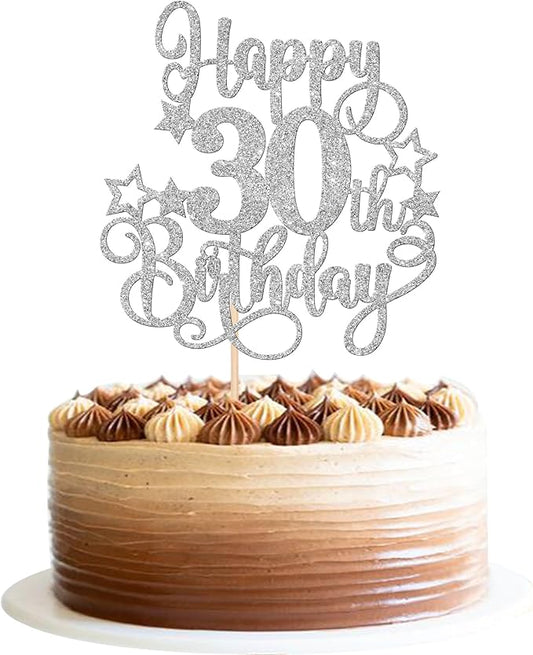 1 PCS Happy 30th Birthday Cake Topper Glitter Cheers to 30 Years Birthday Cake Pick Hello 30 Fabulous Cake Decoration for Happy 30th Birthday Anniversary Party Decorations Supplies Silver