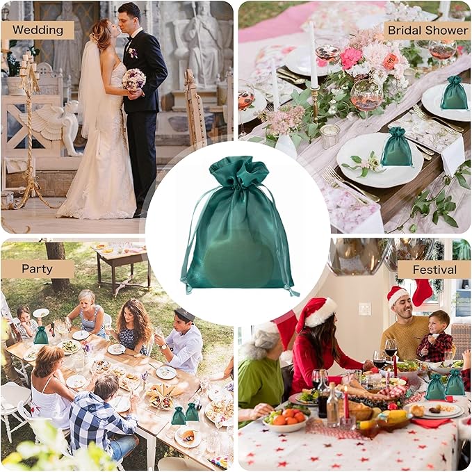 QIANF 20 Pcs Dark Green Small Organza Bags 4X6 inch for Wedding Favors with Drawstring, Mini Mesh Gift Bags Jewelry Pouch for Candy Bridal Shower Party Favor Baby Shower Christmas